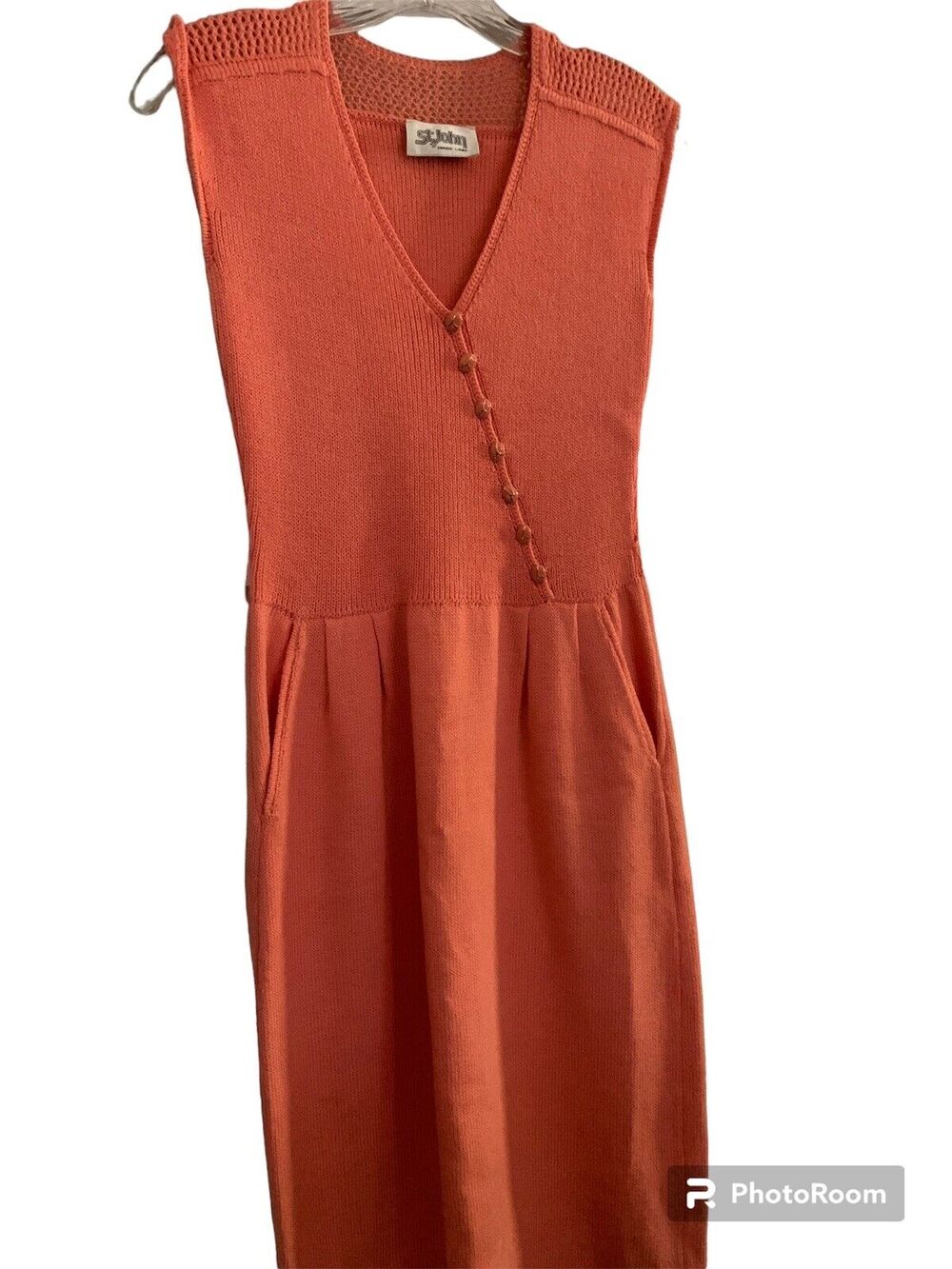 St. John Vintage Santana Coral Knit Belted Short Sleeve Sweater Dress Green Sz S